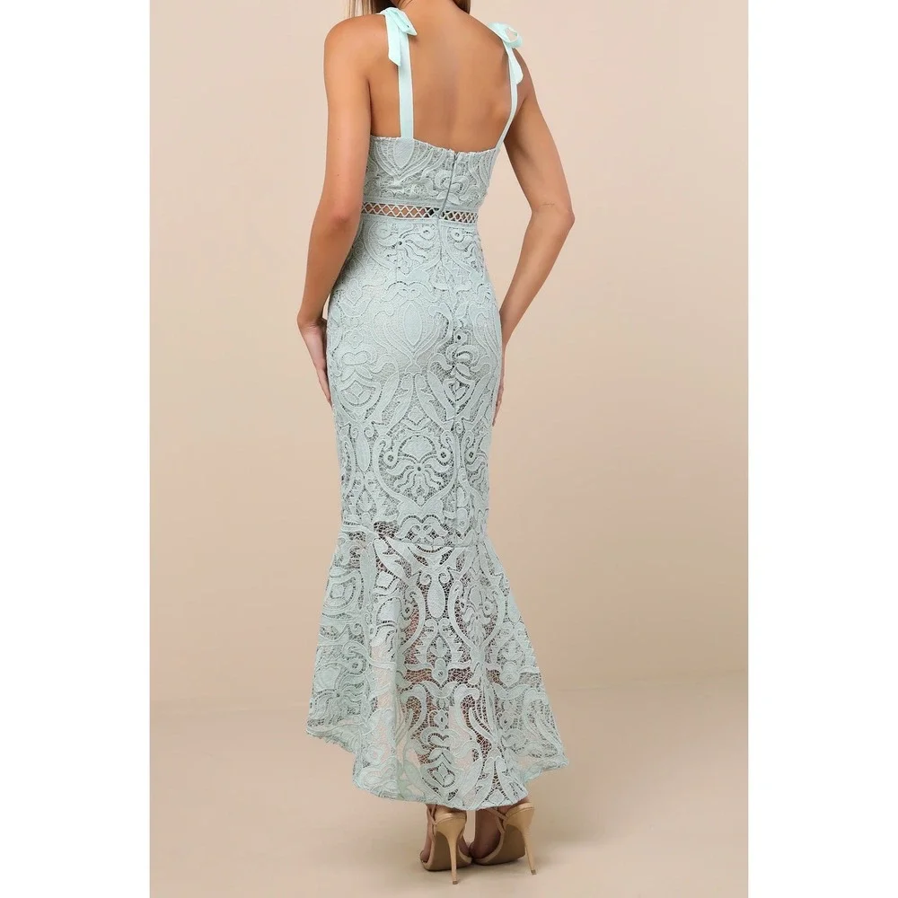 NWT Lulus‎ Won Your Heart Sage Green Lace Tie-Strap High-Low Midi Dress Small